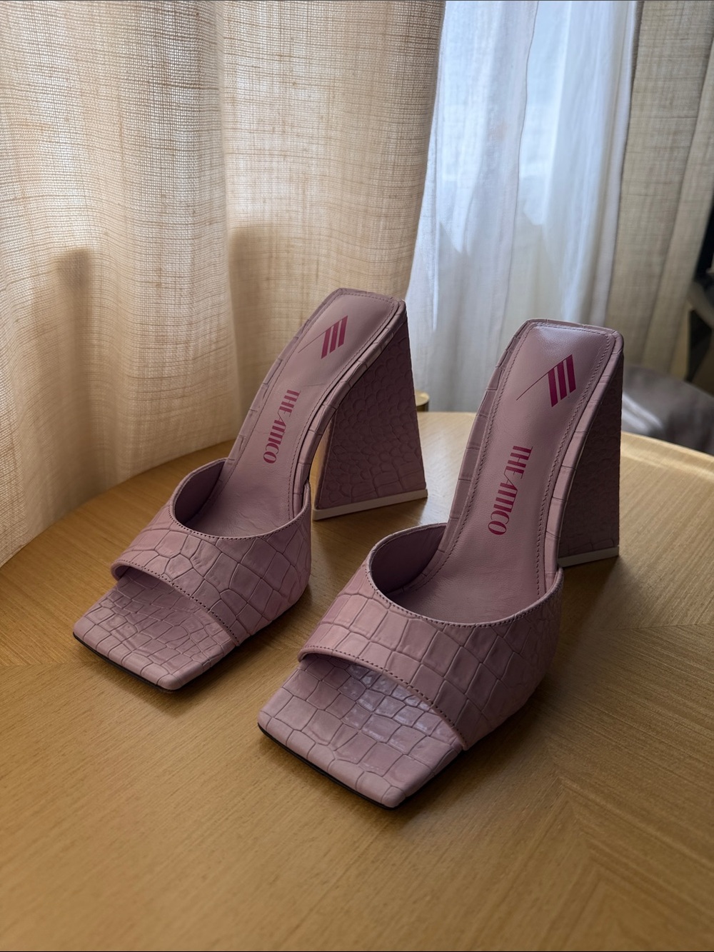 The Attico Pastel Pink Croc-Embossed Devon Mules 115mm